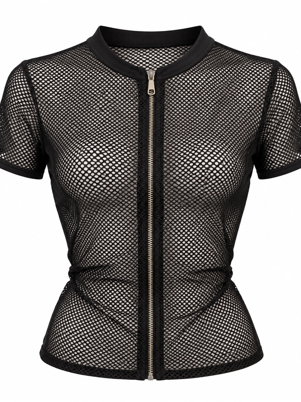 Black Sheer Mesh Zip Front Fitted Top Y2K Goth Size S
